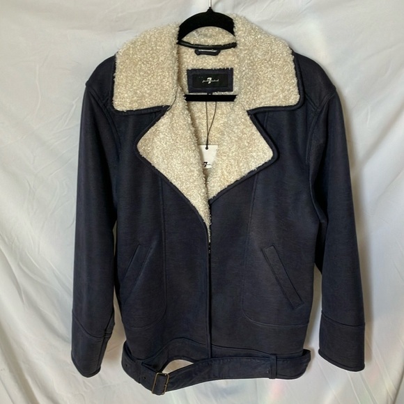 7 For All Mankind: Fog Blue Faux Suede/Shearling Moto Jacket- snap closure- M - Picture 1 of 16